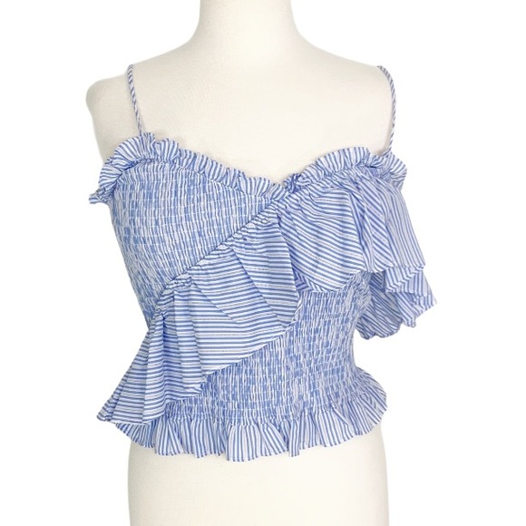 First Monday Tops - First Monday Ruffle Striped Smocked Crop Top Blue